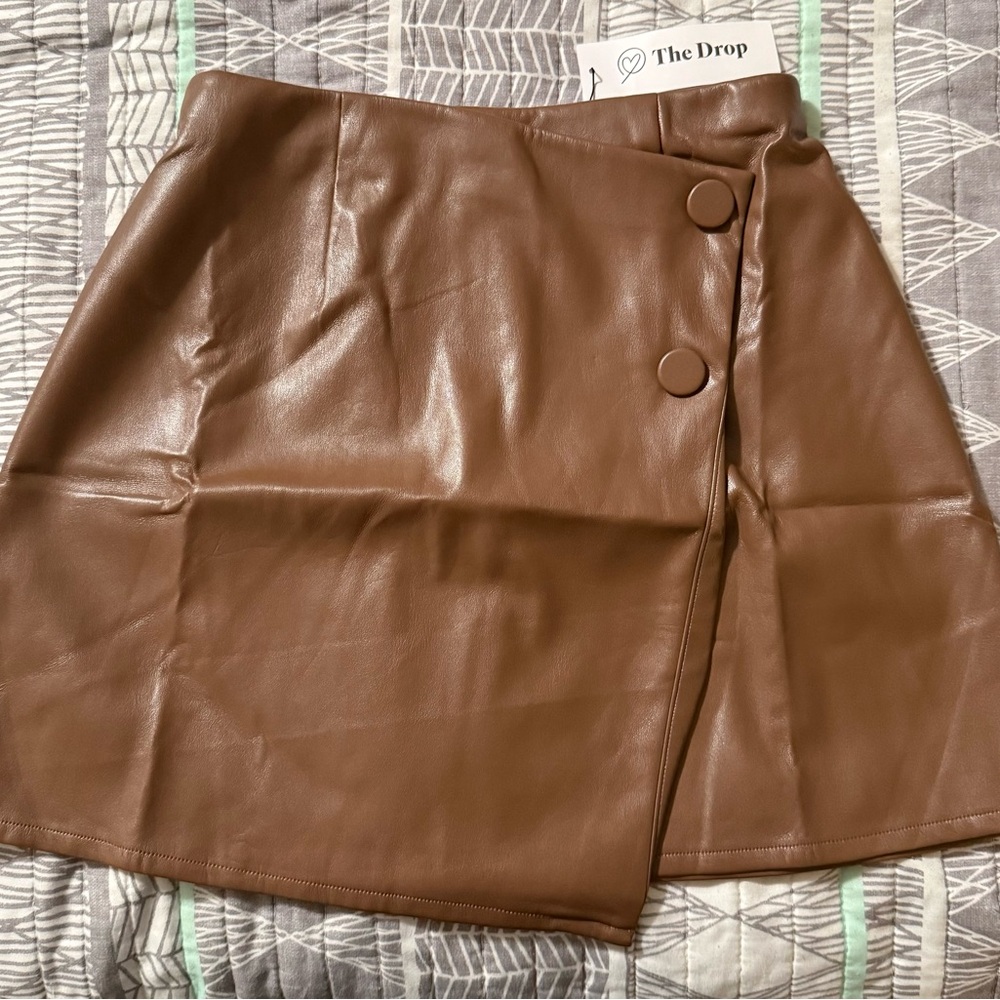 The Drop Women's Portia Vegan Leather Mini Wrap Skirt in Coffee Brown - Size XS